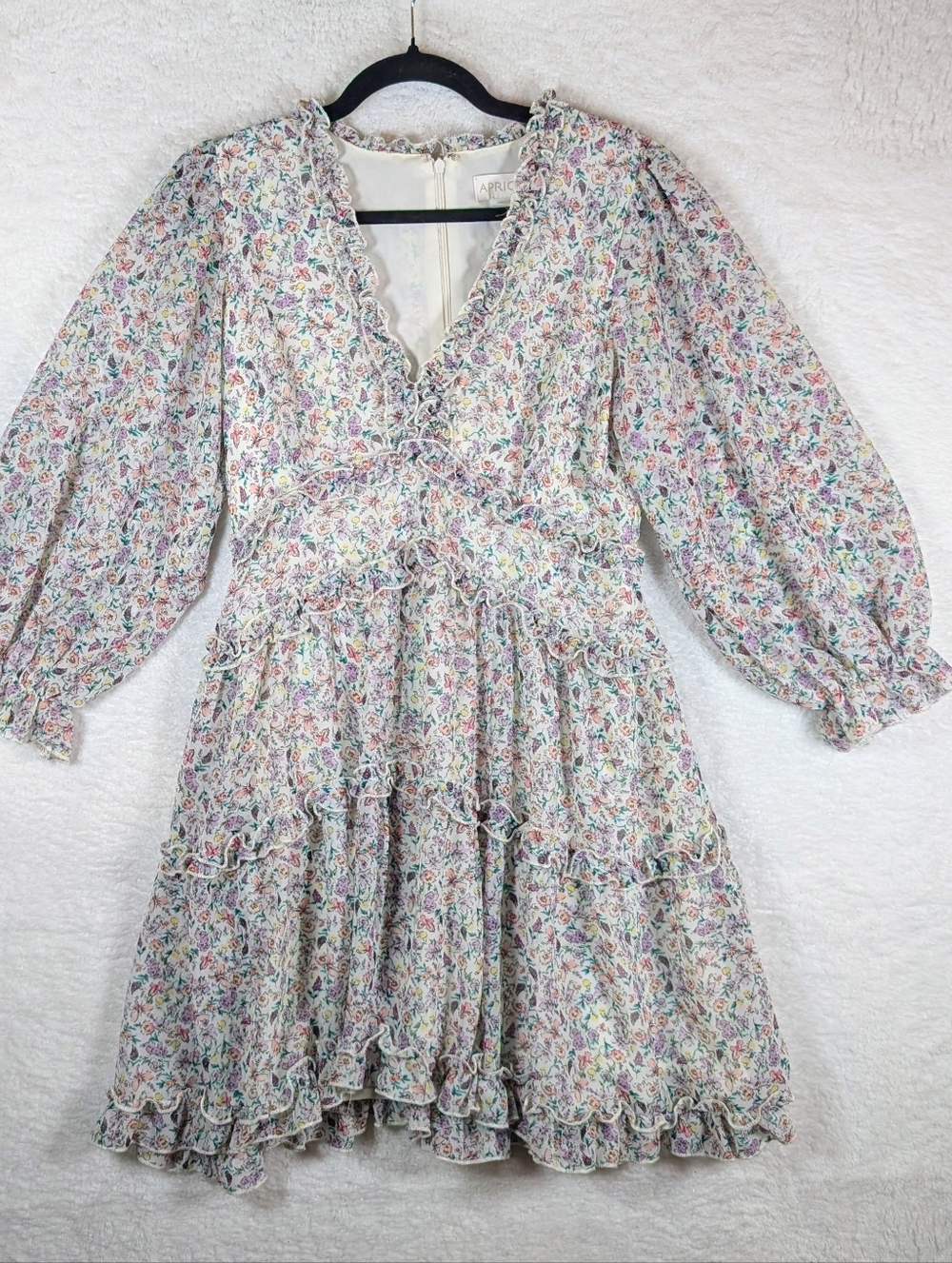 524-APRICOT Pastel Floral V-Neck Ruffle‎ Mini Dress